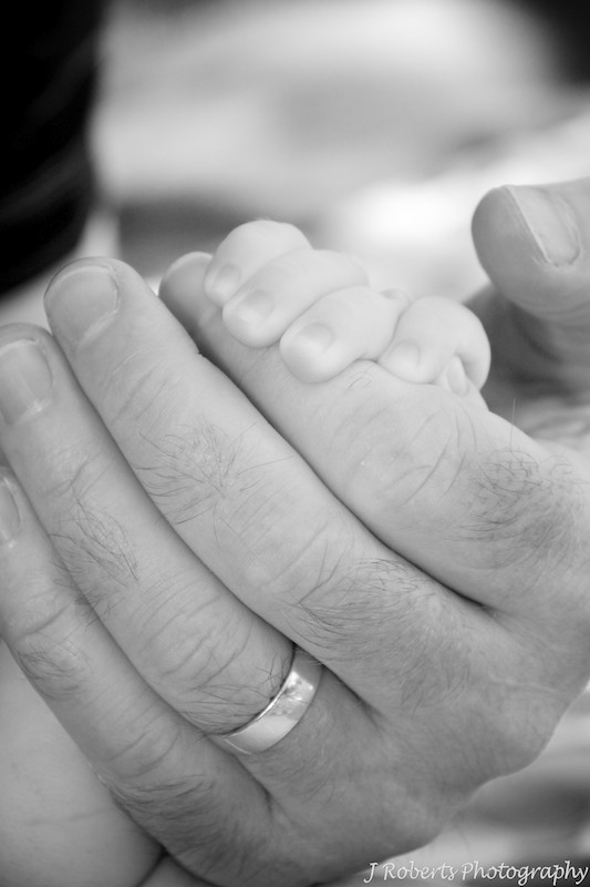B&W of baby holding fathers hand - baby portrait photography sydney